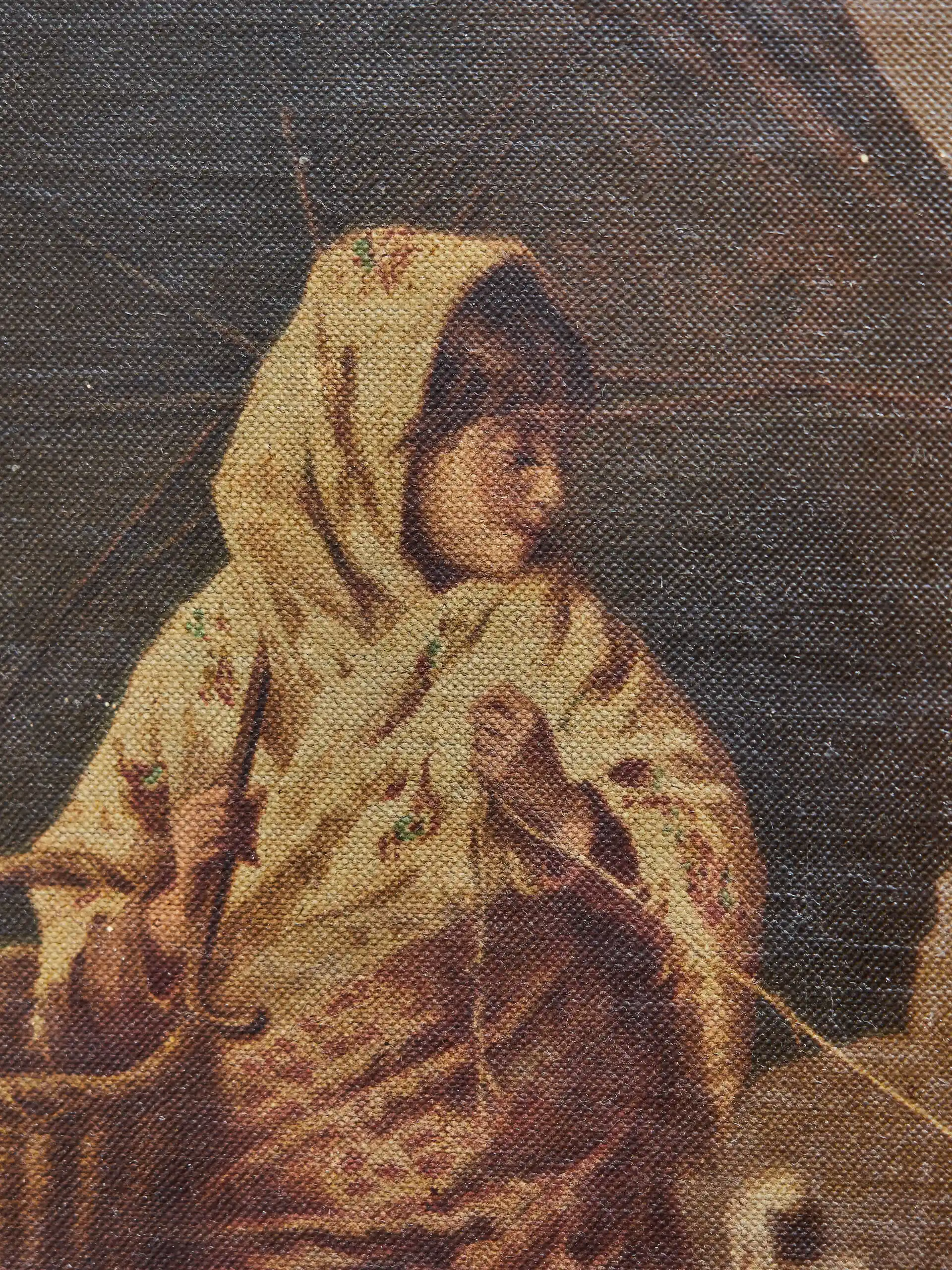 Starožitný tisk na plátně – venkovská zimní scéna s pastevci, kozami a ovcemi ve zlaceném rámu 81 × 103 cm