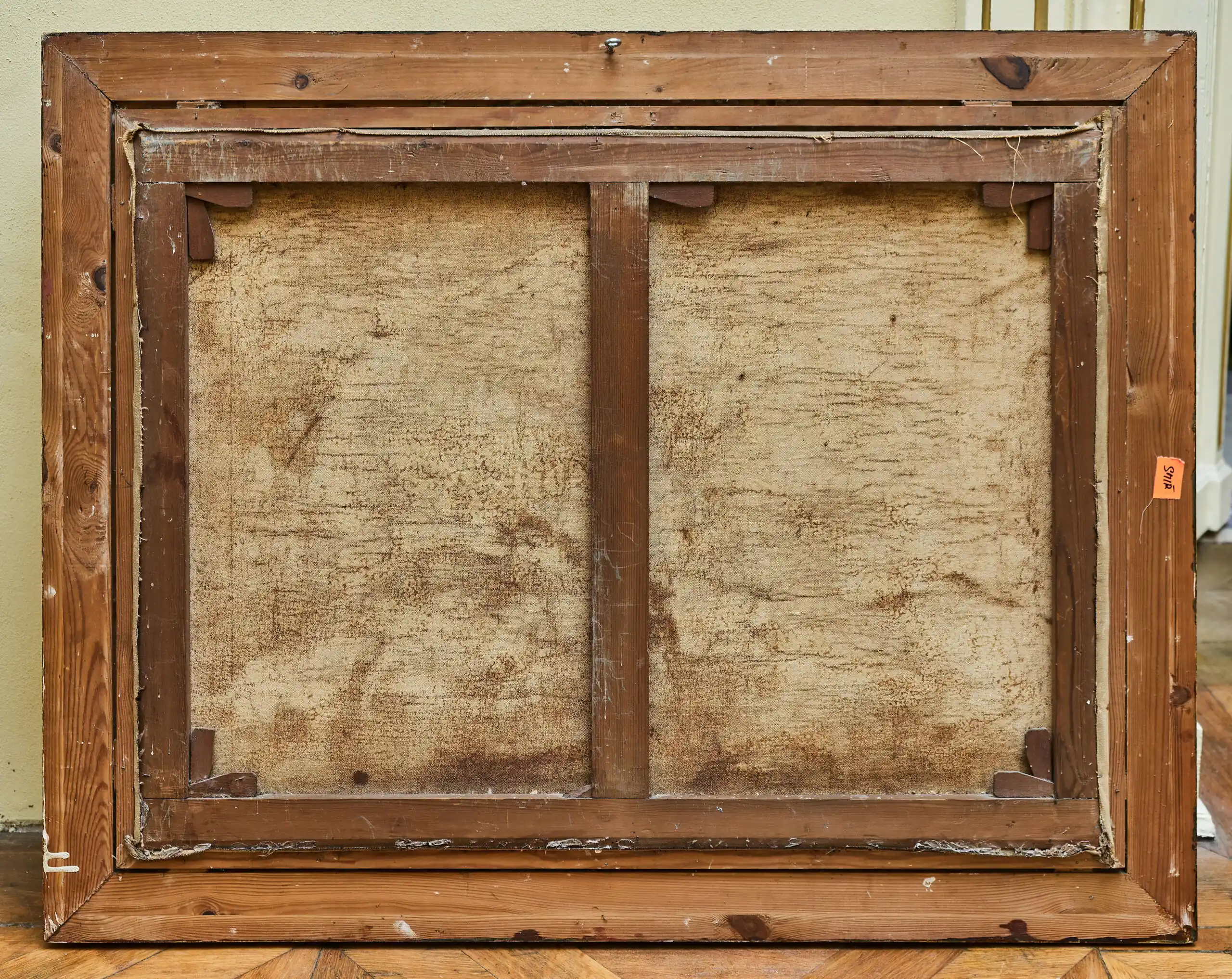 Starožitný tisk na plátně – venkovská zimní scéna s pastevci, kozami a ovcemi ve zlaceném rámu 81 × 103 cm