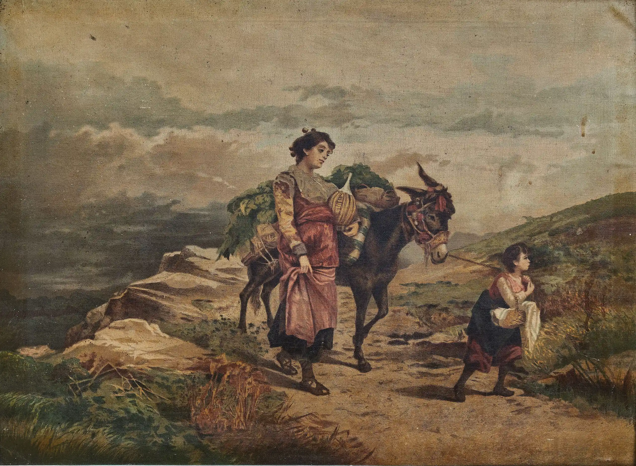 Starožitný tisk na plátně – venkovská scéna s ženou, dítětem a oslem ve zlaceném rámu 81 × 103 cm