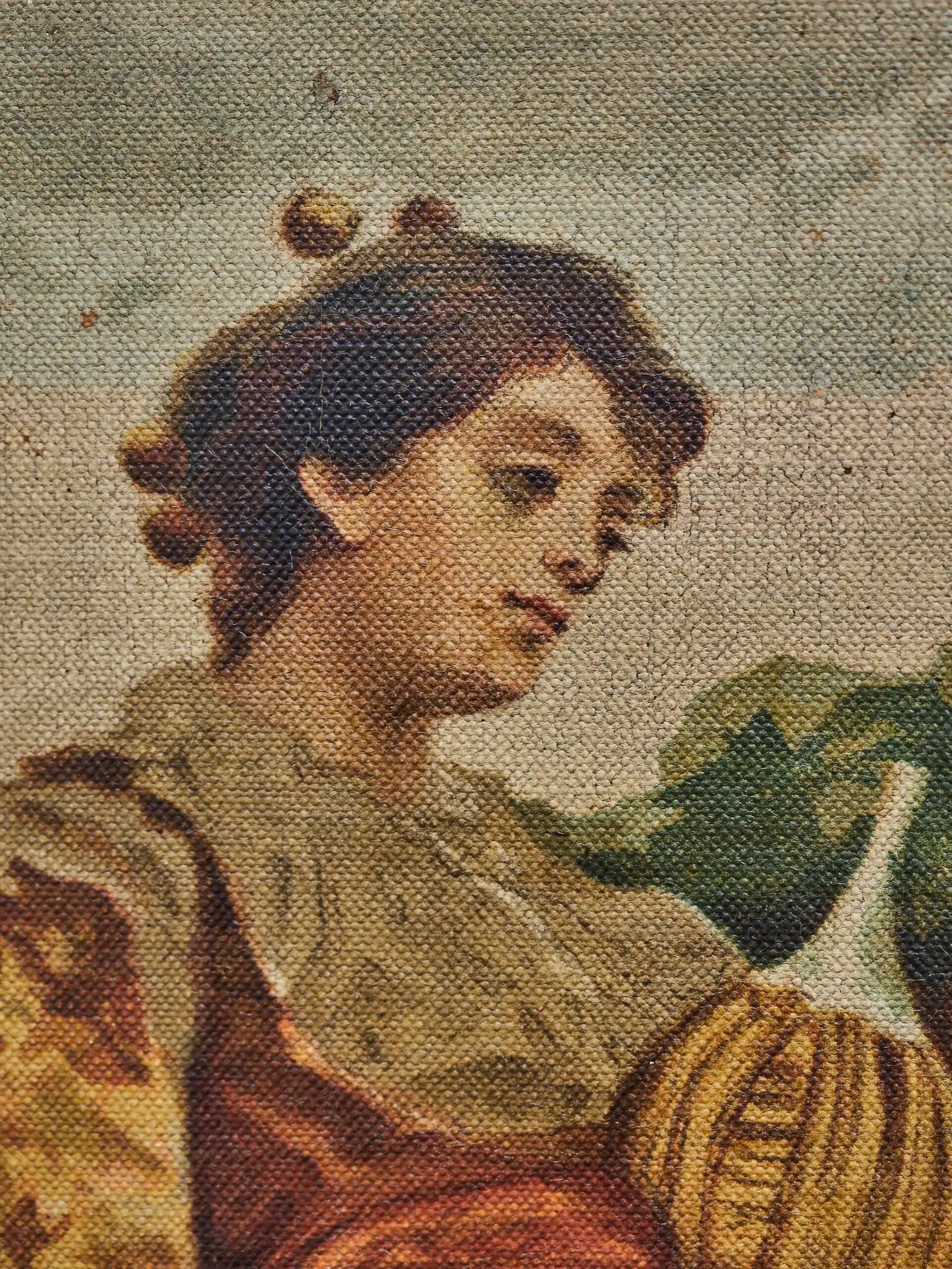 Starožitný tisk na plátně – venkovská scéna s ženou, dítětem a oslem ve zlaceném rámu 81 × 103 cm