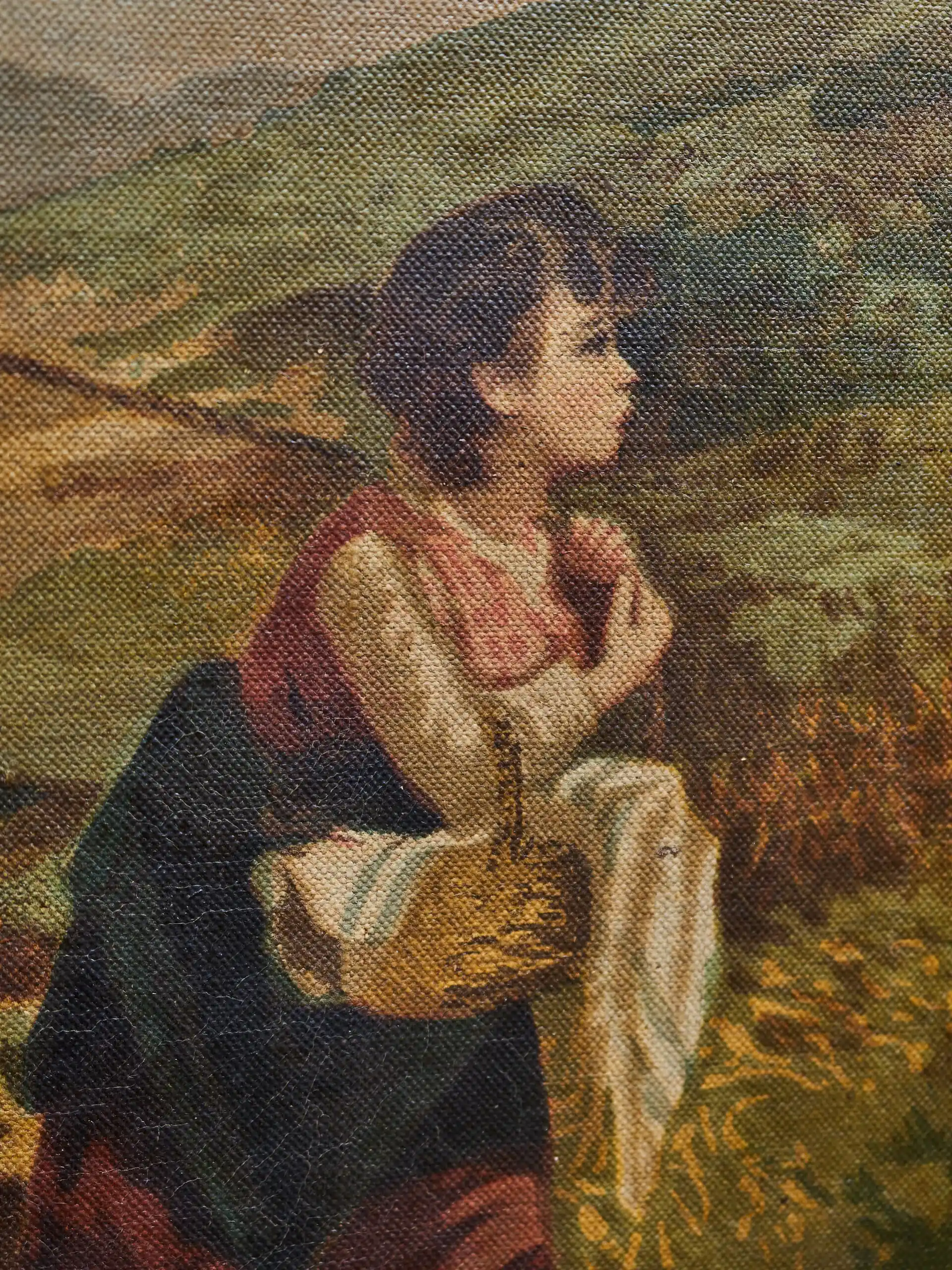 Starožitný tisk na plátně – venkovská scéna s ženou, dítětem a oslem ve zlaceném rámu 81 × 103 cm