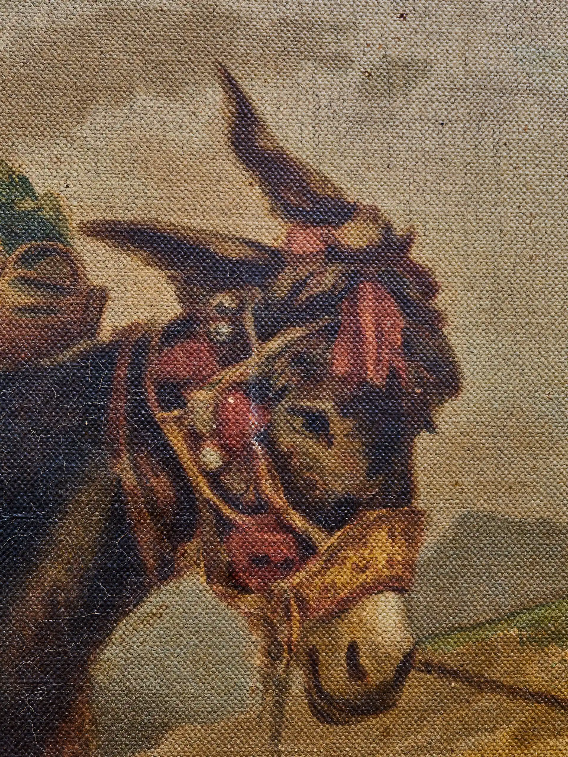 Starožitný tisk na plátně – venkovská scéna s ženou, dítětem a oslem ve zlaceném rámu 81 × 103 cm