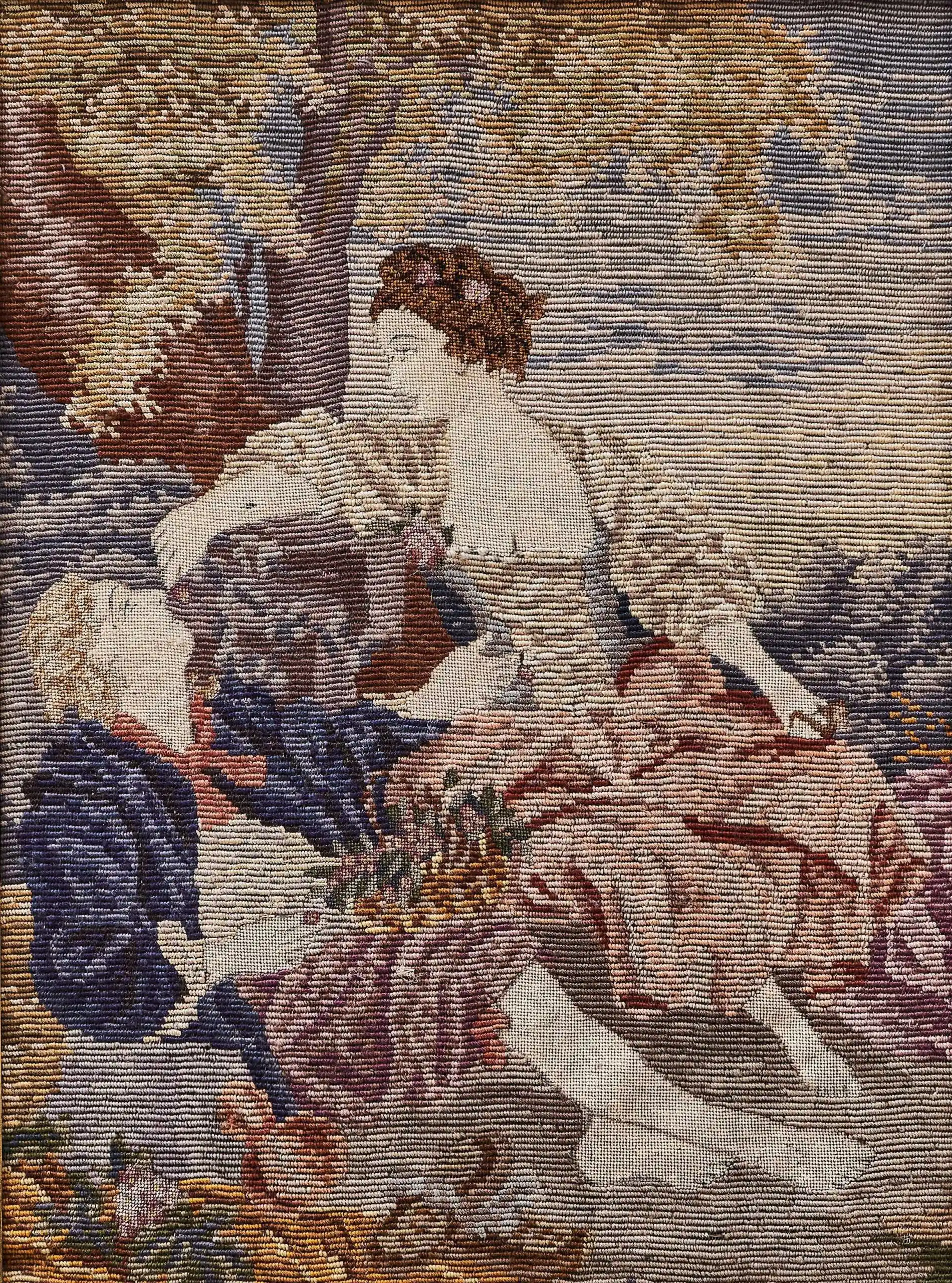 Ručně tkaný gobelín s romantickou scénou v zlaceném rámu 90 × 72,5 cm