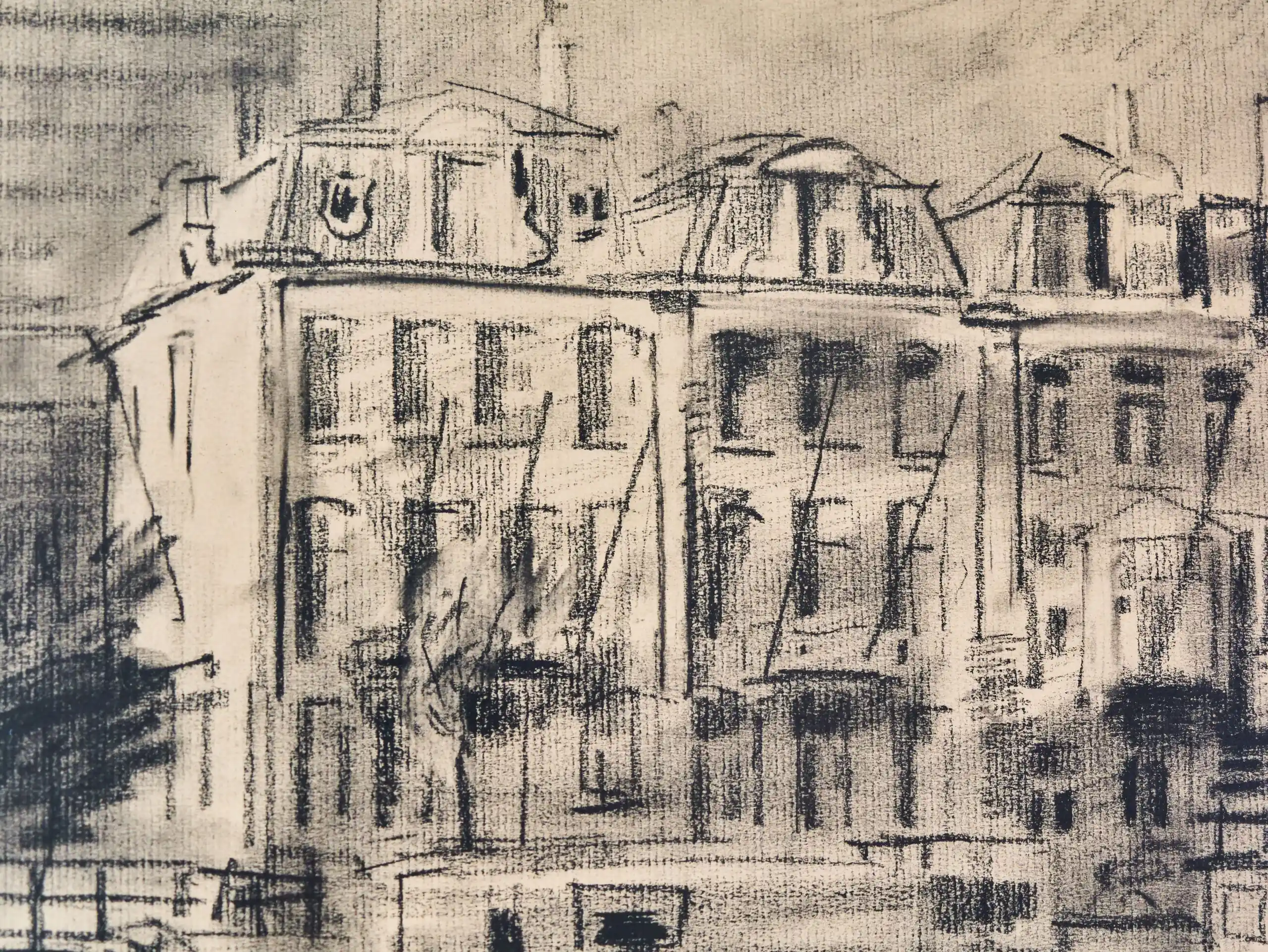Kresba uhlem Engelman 1980, městské nábřeží, Amsterdam