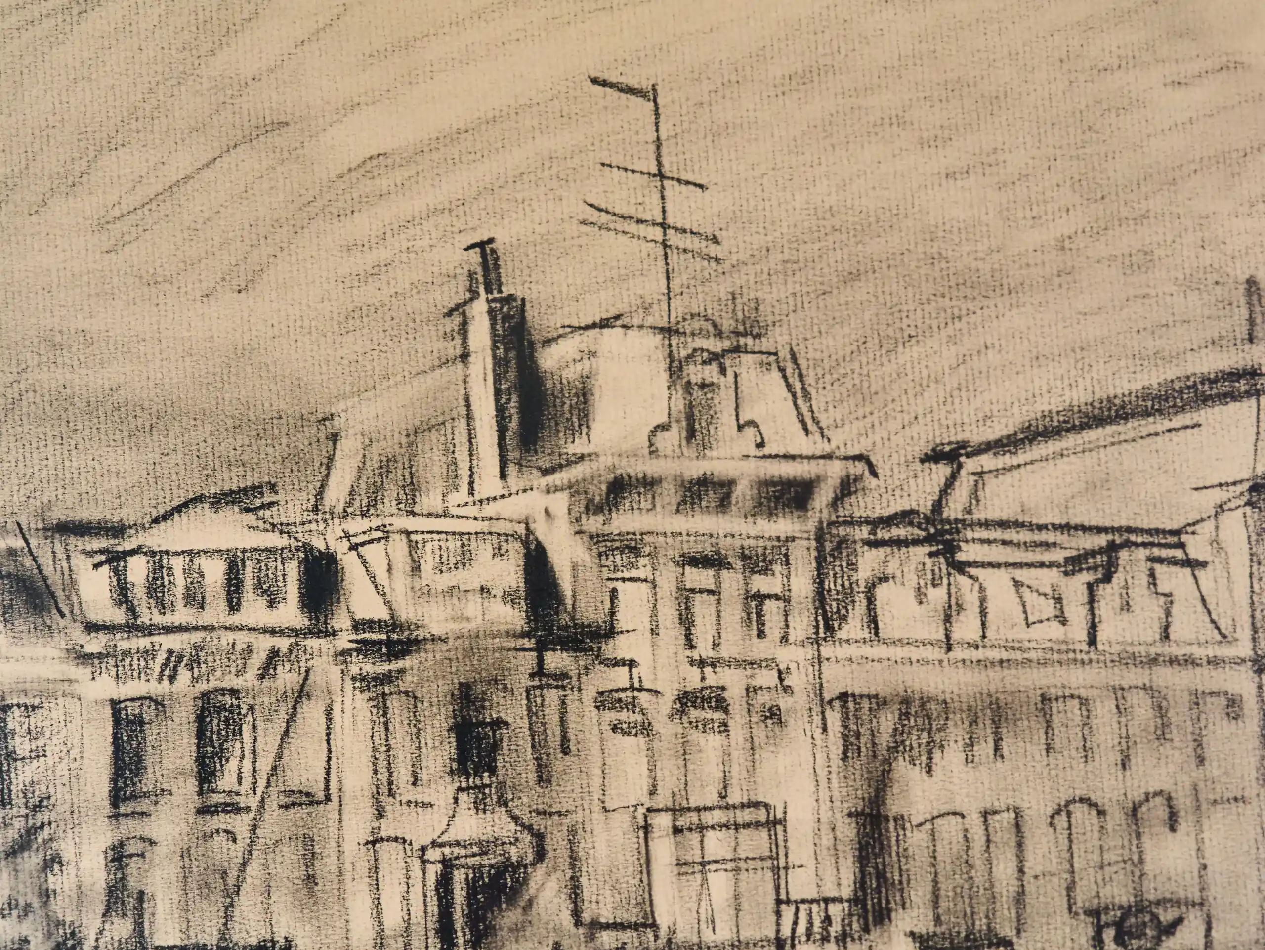 Kresba uhlem Engelman 1980, městské nábřeží, Amsterdam