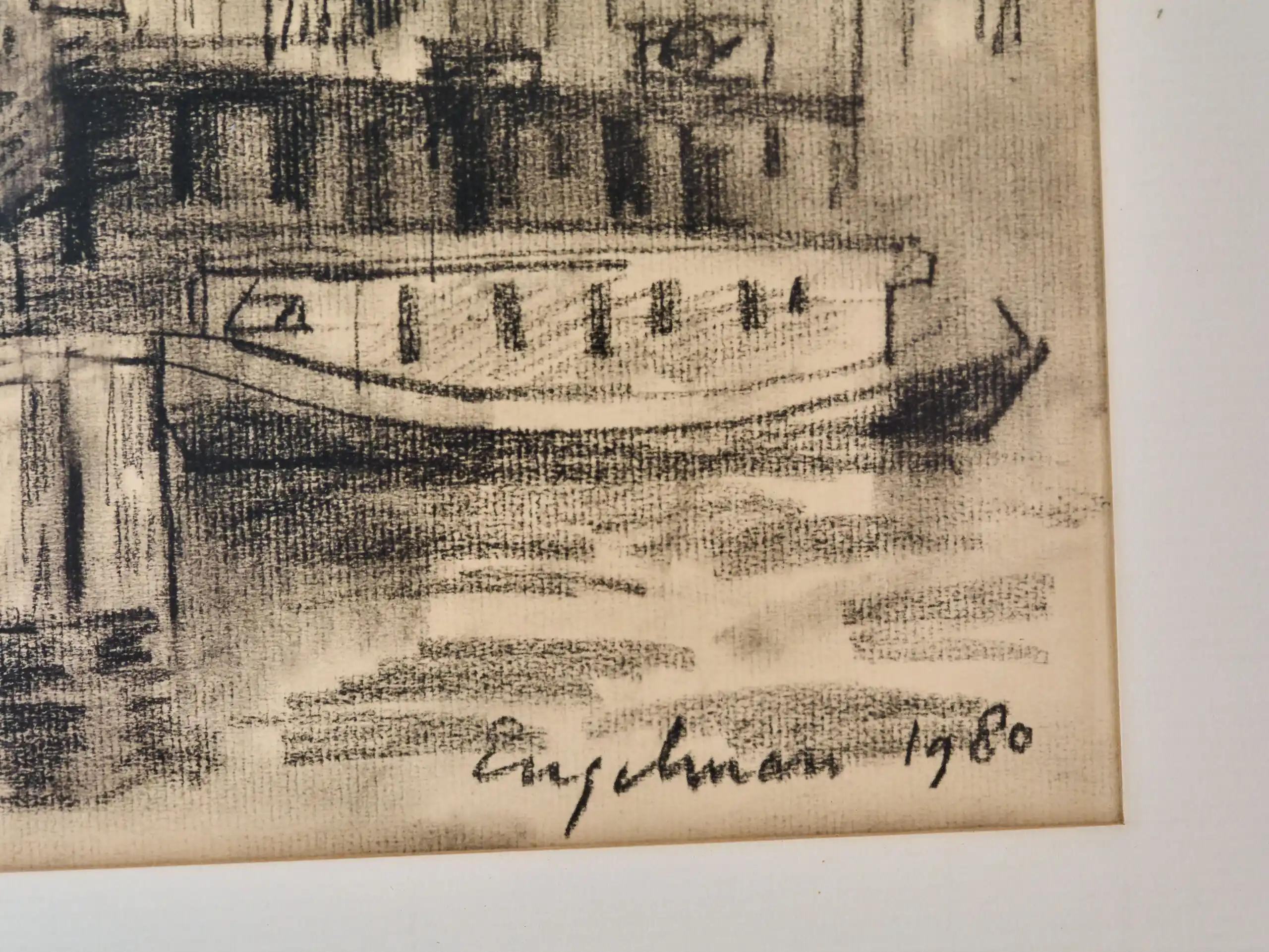 Kresba uhlem Engelman 1980, městské nábřeží, Amsterdam