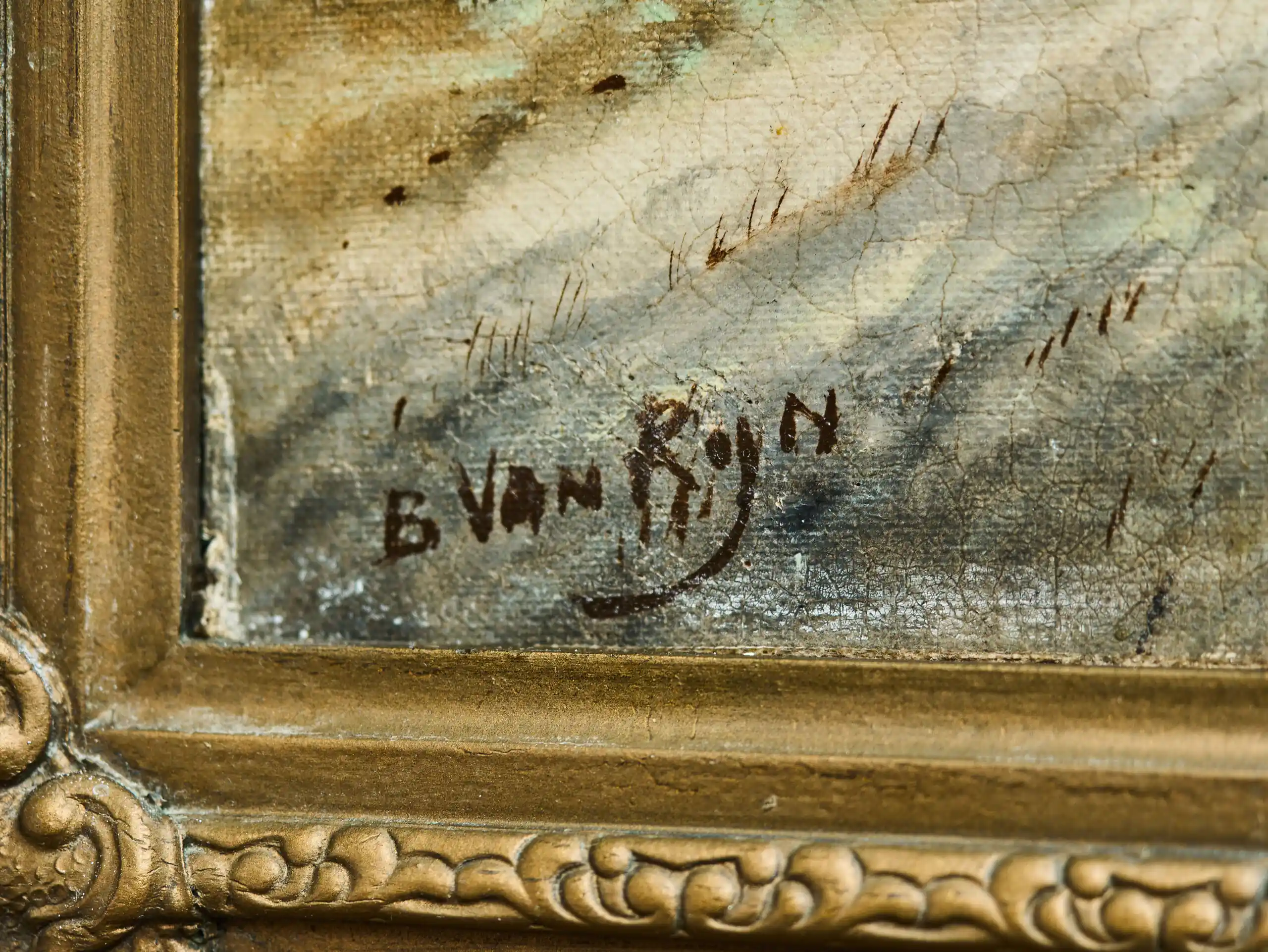 Zimní krajina s postavami na zamrzlé řece, olej na dřevěné desce, signováno B. Van Rijn