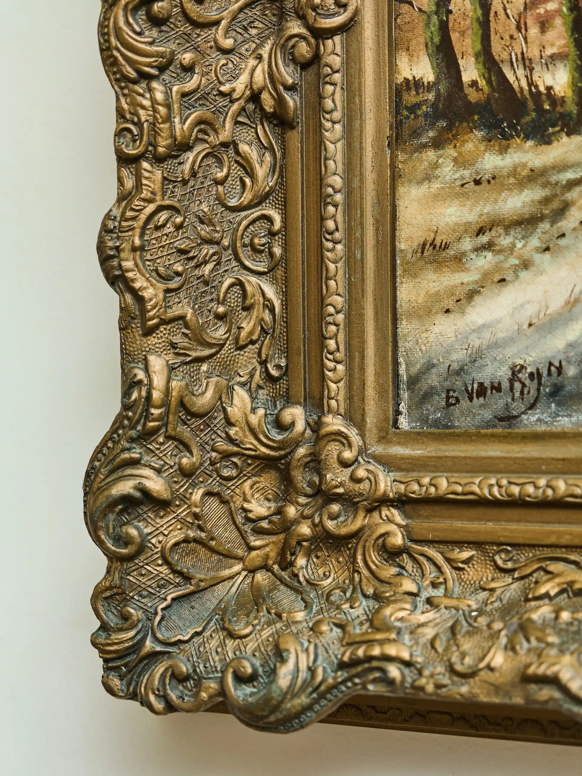 Zimní krajina s postavami na zamrzlé řece, olej na dřevěné desce, signováno B. Van Rijn