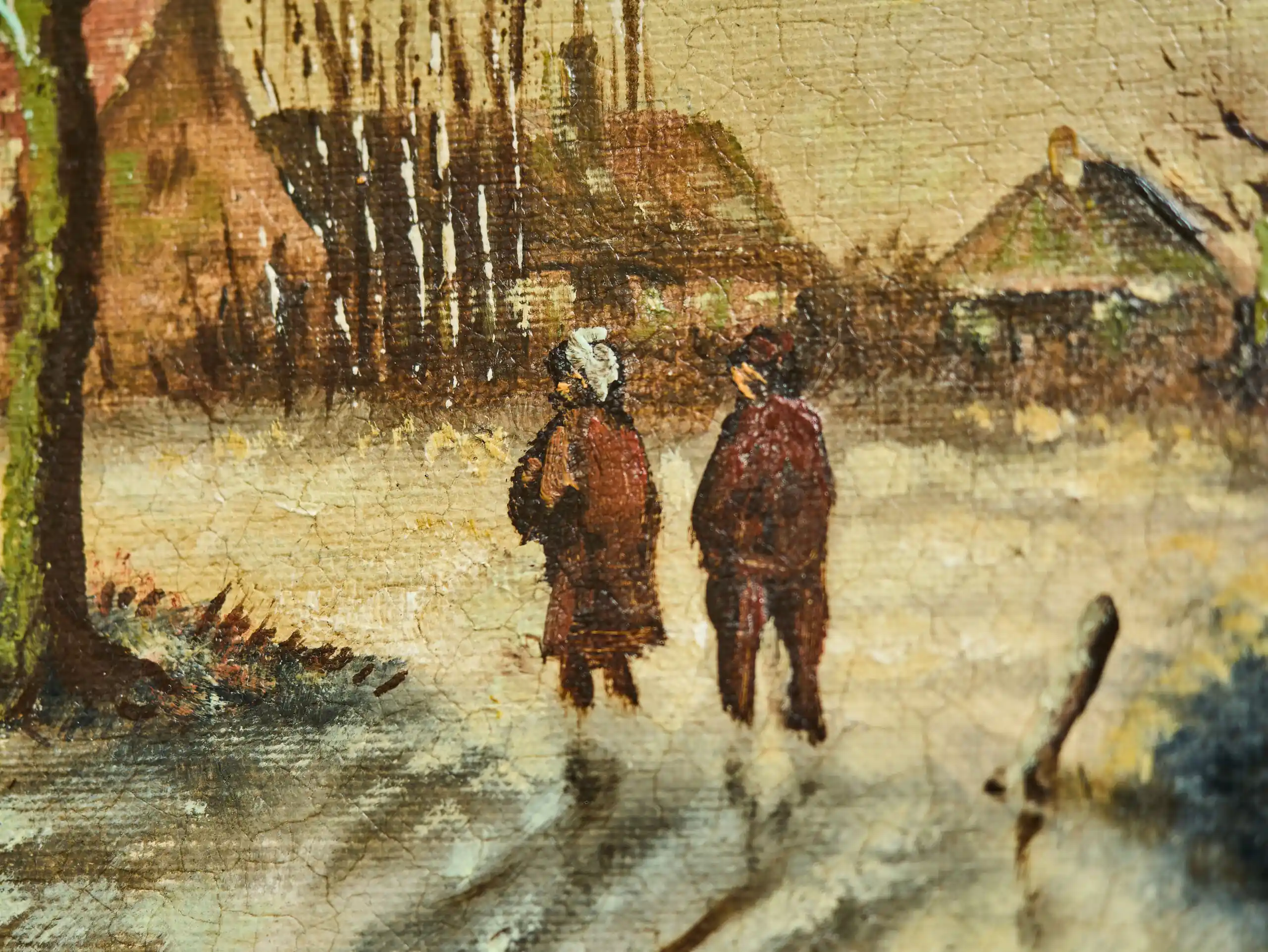 Zimní krajina s postavami na zamrzlé řece, olej na dřevěné desce, signováno B. Van Rijn