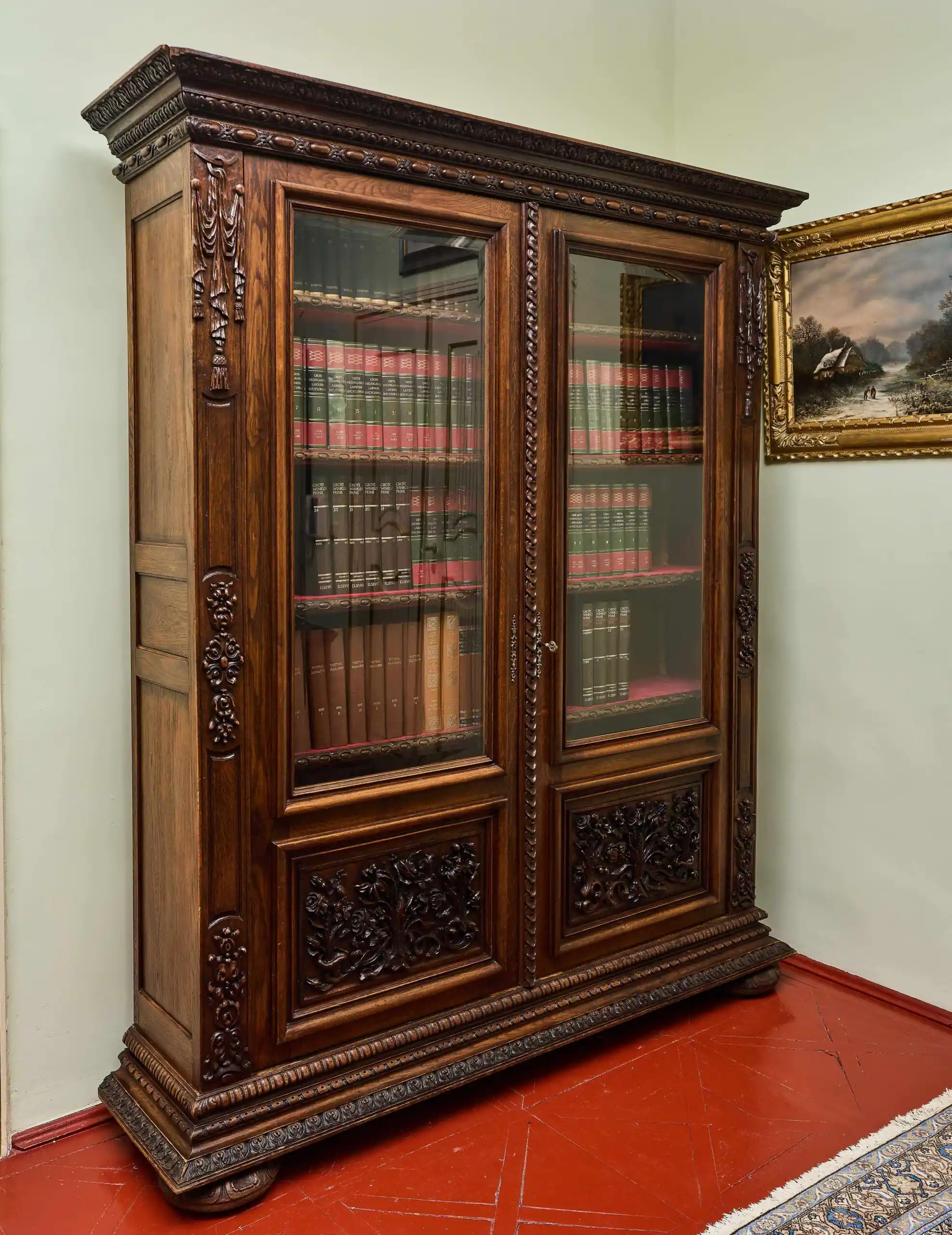 Masivní dubová knihovna v renesančním stylu, 19. století