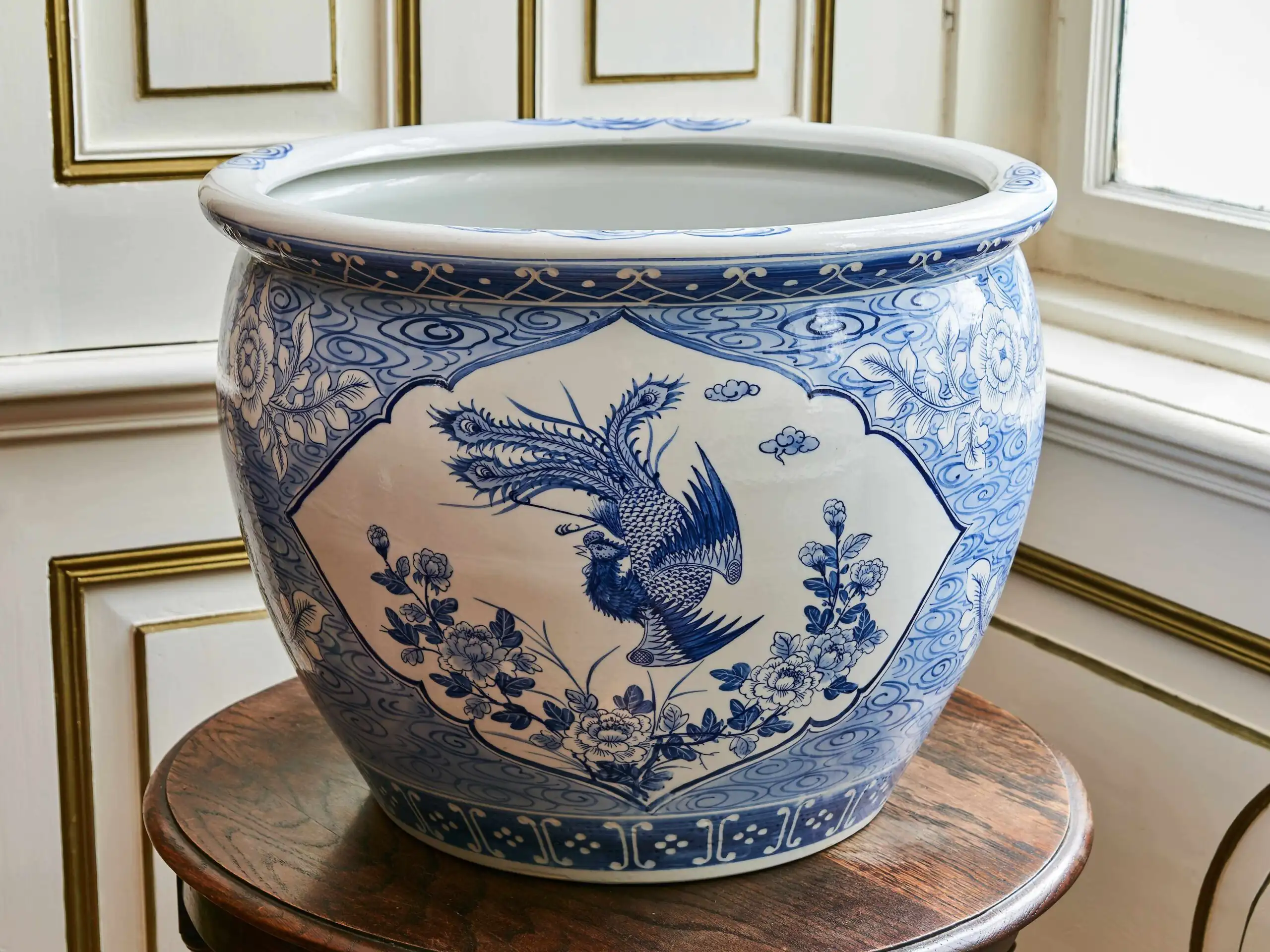 Čínský ručně malovaný porcelánový květináč – kobaltová modř, Ø 47,5 cm