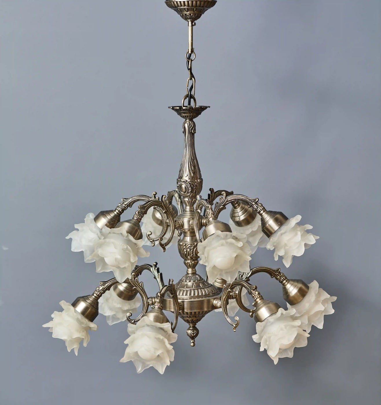 Lustr z bílé mosazi s 12 rameny a skleněnými stínidly ve tvaru růží