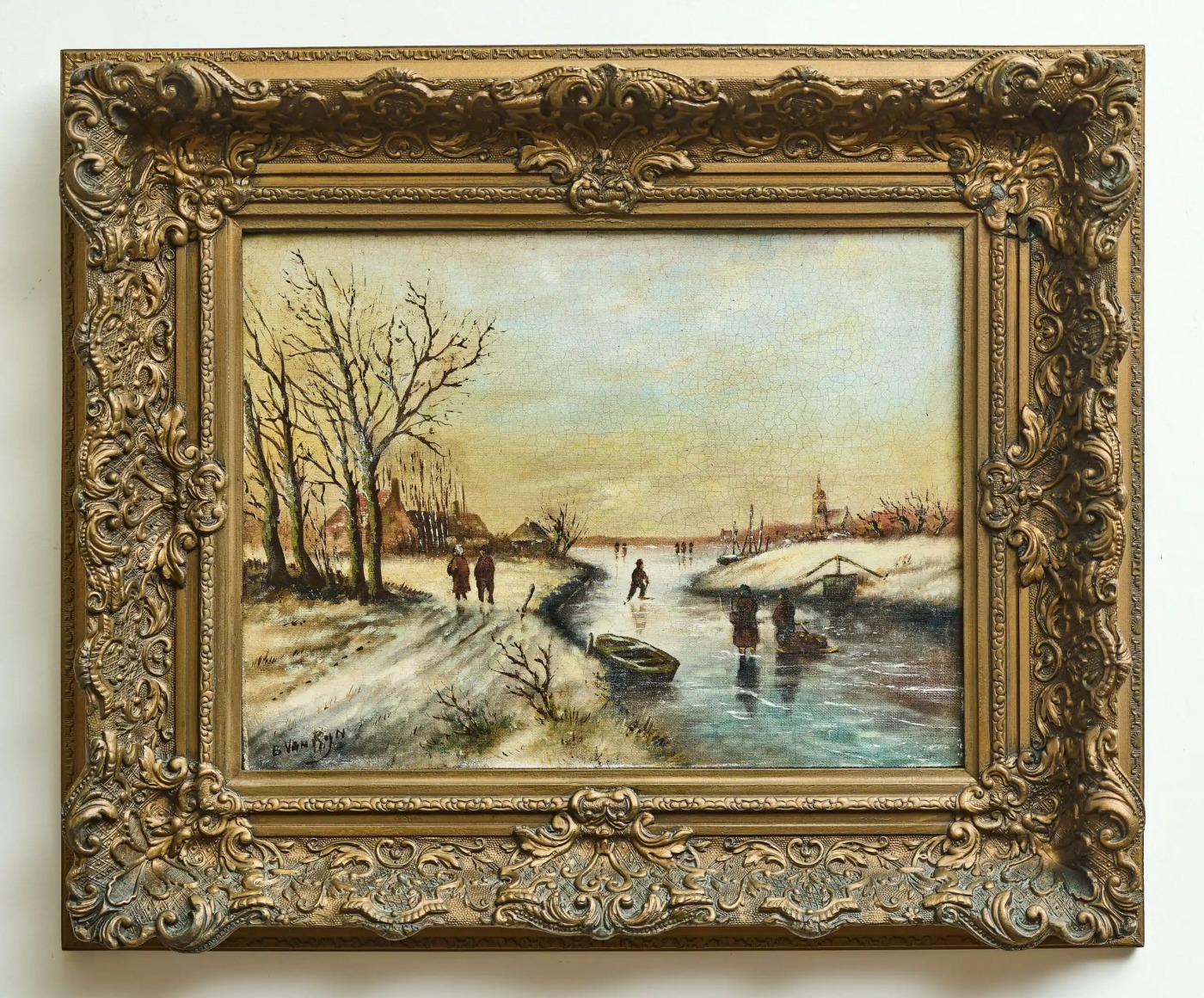 Zimní krajina s postavami na zamrzlé řece, olej na dřevěné desce, signováno B. Van Rijn