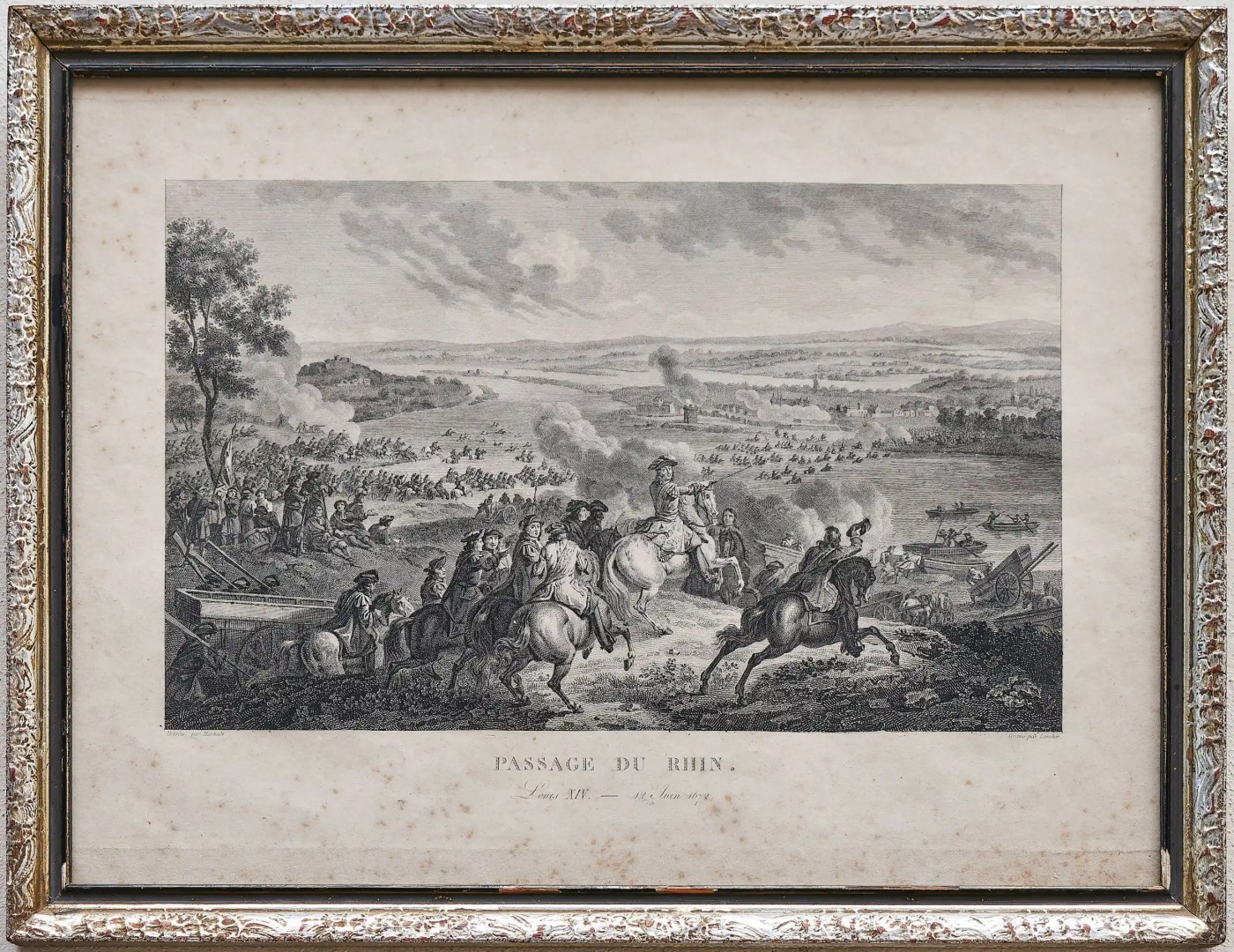 Mědirytina přechod přes Rýn vojska Ludvíka XIV