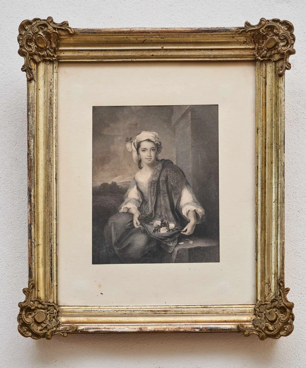 Grafika „Květinářka” z 19. století v krásném rámu