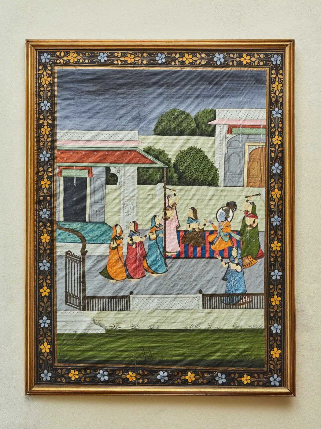 Indická malba na hedvábí – Krišna a ghópís