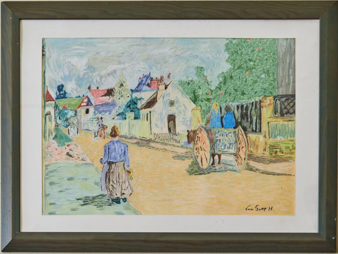Barevná kresba – venkovská ulice s postavami a vozem, Van Gorp M.